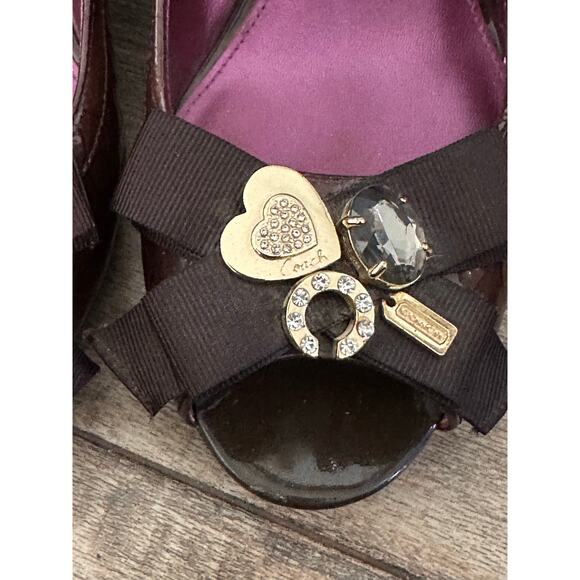 Coach Women's Brown Patent Leather JAYDEN PEEPTOE Wedge Pumps Heels Size 8 - Picture 13 of 13